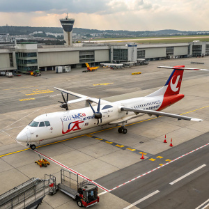 An ATR 42-500 aircraft, part of the Czech Airlines fleet, parked at an airport gate.