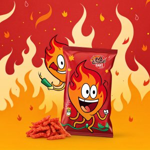Flamin' Hot Cheetos ad. Vibrant red and orange flames. Playful cartoon mascot. Modern packaging design.