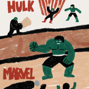 Hulk, the green-skinned Marvel hero, in various dynamic poses. Fighting villains, smashing objects, and performing special moves. Background features bold Marvel logo