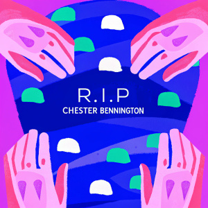 Minimalist digital art. Solid black background. Text 'R.I.P Chester Bennington' in white, modern sans-serif font.