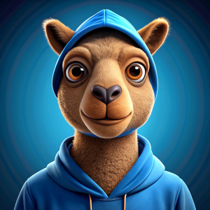 camel with brown eyes, brown eyebrows, in blue hoodie