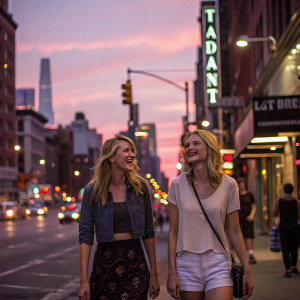 Taylor Swift and Lily Donaldson, walking down a bustling New York City street at dusk. They wear casual outfits, laughing and enjoying each other's company.