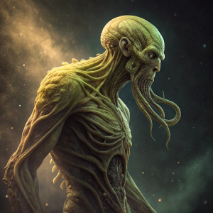 A 3D digital model of an otherworldly being inspired by H.P. Lovecraft's Cthulhu. The creature's body is primarily greenish-yellow and is depicted in a twisting, writhing pose. The model showcases intricate details and a smooth, rounded surface.