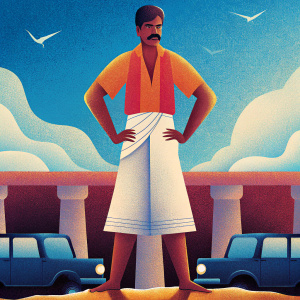 Dhanush starring in Maari 2 movie poster. Dhanush in the center, large image. Cars and birds in background