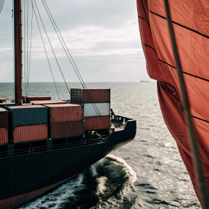 One ship carrying  cargo container in a sea 