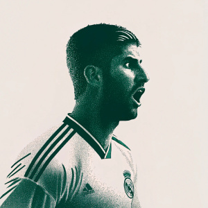 Marco Asensio, soccer player, intense look during a match. Real Madrid crest on jersey. Crowd blurred in background.