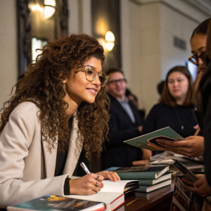 Zendaya, curly brown hair, glasses, at a book signing event. Surrounded by fans.