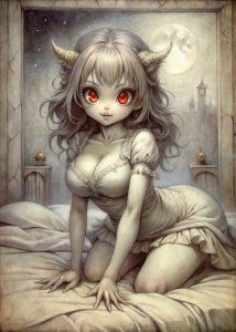 manga cute monster- секси pin-up файфу в кровати, на четвереньках, огромные сиськи, at night, random emotions, white bg, eerie