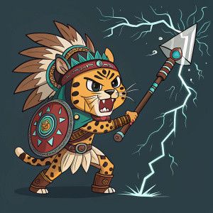 Digital illustration of a cartoon-styled Aztec warrior. Fierce jaguar features. Vibrant colors, dynamic pose, wielding a unique weapon. Lightning-like effects around. Dark background.