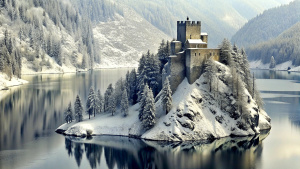 you see a castle, which stands directly on the shore of a lake. behind the castle is a wintry forest. high rock faces rise above the forest