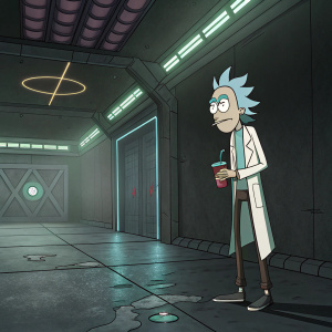Rick Sanchez from 'Rick and Morty' standing alone in an empty, futuristic room. Gloomy ambiance with neon lights casting eerie shadows.
