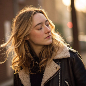 Saoirse Ronan, young actress, in a candid photo. She has fair skin, long wavy blonde hair, and a serene expression. She's wearing a black leather jacket with fur-like trim. The warm lighting highlights her delicate features. Background blurred.