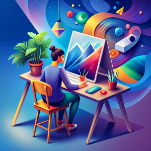 You can imagine a picture where an artist or designer is depicted sitting at a table creating logos on a canvas or on a computer. You can add design-related elements such as brushes, paints, pencils, a computer mouse, and a keyboard. The background can be bright and inspiring to emphasize the creative process