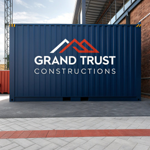 Grand Trust Constructions logo, featuring sleek, contemporary design. Dominant use of blue and red hues. Logo adaptable to various backgrounds, versatile for multiple platforms.