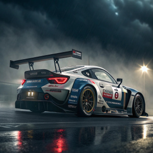 Sleek Subaru BRZ GT300 race car. A digital artwork showcasing the vehicle with a prominent rear wing, racing body kit, and detailed sponsor decals. Against a dark, moody background, the car gleams with intricate light and shadow.