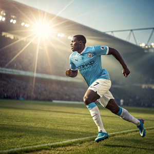 Micah Richards sprinting on a green soccer field. Blue jersey with Etihad Airways logo, white shorts. The sun shining bright. Crowd blurred in the background