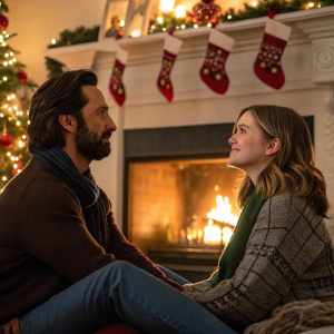 Milo Ventimiglia and Mackenzie Hancsicsak cozy by the fireplace in a This Is Us holiday scene. Stockings hanging above the fire.