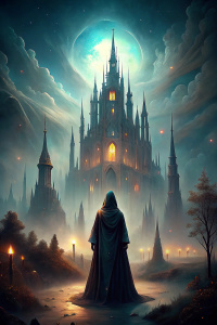 человек в капюшоне в черном балахонистом плаще смотрит на белый горящий замок в готическом стиле ghosting Style, Long exposure Style, Motion Blur, импрессионизм Style panting-