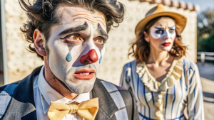 Clown's girlfriend left him with someone else,
stands in the distance.
The clown is crying, breaking down,
Even can't stick makeup properly.