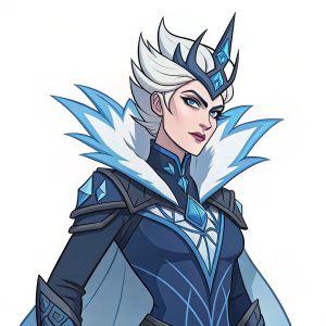 Digital artwork showcasing Ice Empress Moira from Overwatch. Character is portrayed with majestic and formidable demeanor, featuring intricate blue and white design elements. Focus on her hands with detailed gloves and wrist adornments. Stylized appearance with sharp lines and precise detailing.