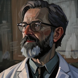 middle aged psychiatrist, lab coat, glasses, beard, looking to the side