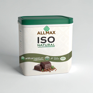 Product packaging for Allmax ISO Natural protein powder. Clean, white box with green lid. Front prominently features 'Allmax' and 'ISO Natural' logos. Box is closed, indicating chocolate flavor inside. No artificial ingredients, sugar, or flavors added.