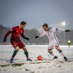Cristiano Ronaldo and Mario Götze engaged in intense play on a snow-covered football field under cloudy skies.