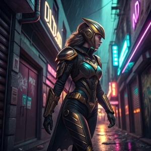 Superheroine in futuristic armor, standing in neon-lit alleyway. Black suit with gold accents. Confident stance