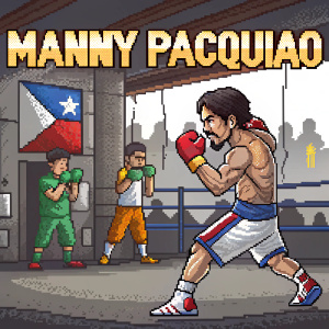 Pixel art depiction of Manny Pacquiao. Training montage in gym. Limited color palette. Spanish text