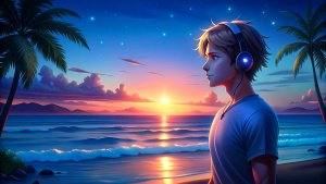 young man listening to music on the beach