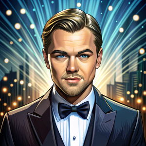 draw a cartoon Leonardo DiCaprio in the image of the great Gatsby, who stands in a recognizable pose