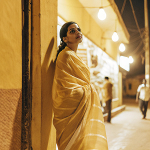 Deepika Padukone, Indian actress, in a flowing orange and white saree. Standing in front of a bustling street scene at night.