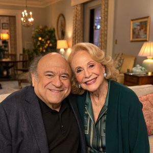 Danny DeVito and Sybil Robson Orr in a cozy living room. Both smiling warmly. He is bald, she has blonde hair.