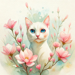 realistic bigeye white cat , orange flower garden