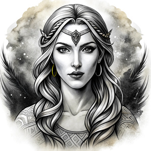 Nordic Godness Snotra - perfect realistic art, high-definition grey and black, white background tattoo design