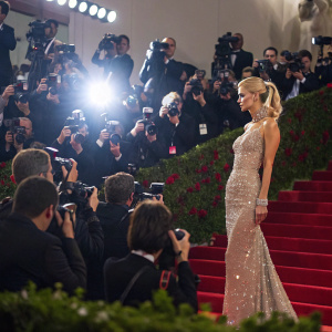 Paris Hilton, in a sparkling gown, center of attention at Met Gala. Crowded with paparazzi.