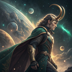 Digital artwork of Loki from Marvel Comics. Space-themed background with glowing stars and planets.