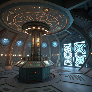 A CGI rendering of the TARDIS interior. Complex and futuristic design elements from the Doctor Who series.