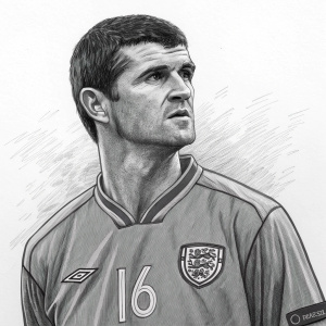 Roy Keane, former soccer player, intense gaze. Sketch style drawing. Soccer jersey with number 16 and club logo. Charcoal illustration.