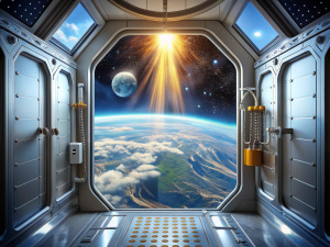 shower cabin in a spaceship with a view of space and the sun