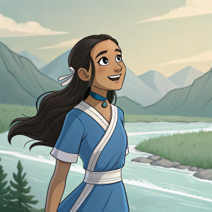 Katara, character from Avatar: The Last Airbender, cheerful, blue dress, white trim, digital illustration