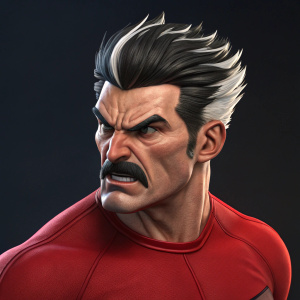 Digital 3D render of Omni Man from Invincible. Intense facial expression, angry look. Spiky hair, mix of black and white. Wearing a fitted red shirt. Dark background.