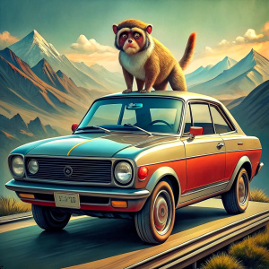 a monkey on a datsun 100a car