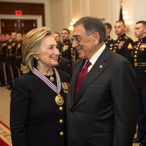 Hillary Clinton and Leon Panetta, dressed in dark suits, at a military awards ceremony. A room filled with soldiers in dress uniforms, standing with medals pinned to their chests. The atmosphere is solemn.