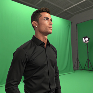 Cristiano Ronaldo, standing in a studio, dressed in black shirt, looking intense. The background is a green screen, awaiting digital transformation.