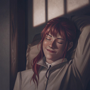 Pyrrha Nikos, character from RWBY, with a serene smile. Long red hair with golden streaks, tousled but neat. Soft, youthful face. Simple, clean background
