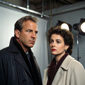 Kevin Costner and Sean Young on the set of 'No Way Out'. Intense look on their faces. Studio lights and minimalistic backdrop.