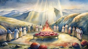 In the Bible, in ancient times, in the background under Mount Carmel, there are many pieces of meat on a circular altar and many people standing around it
​