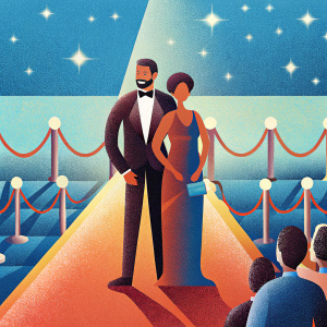 Olivier Giroud and Jennifer Giroud, attending a charity gala. They stand elegantly on a golden carpet surrounded by flashing cameras and intrigued onlookers.