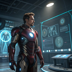 Tony Stark, aka Iron Man, standing in a futuristic lab. Wearing his advanced MK 50 armor. Surrounded by holographic screens and tech gadgets.